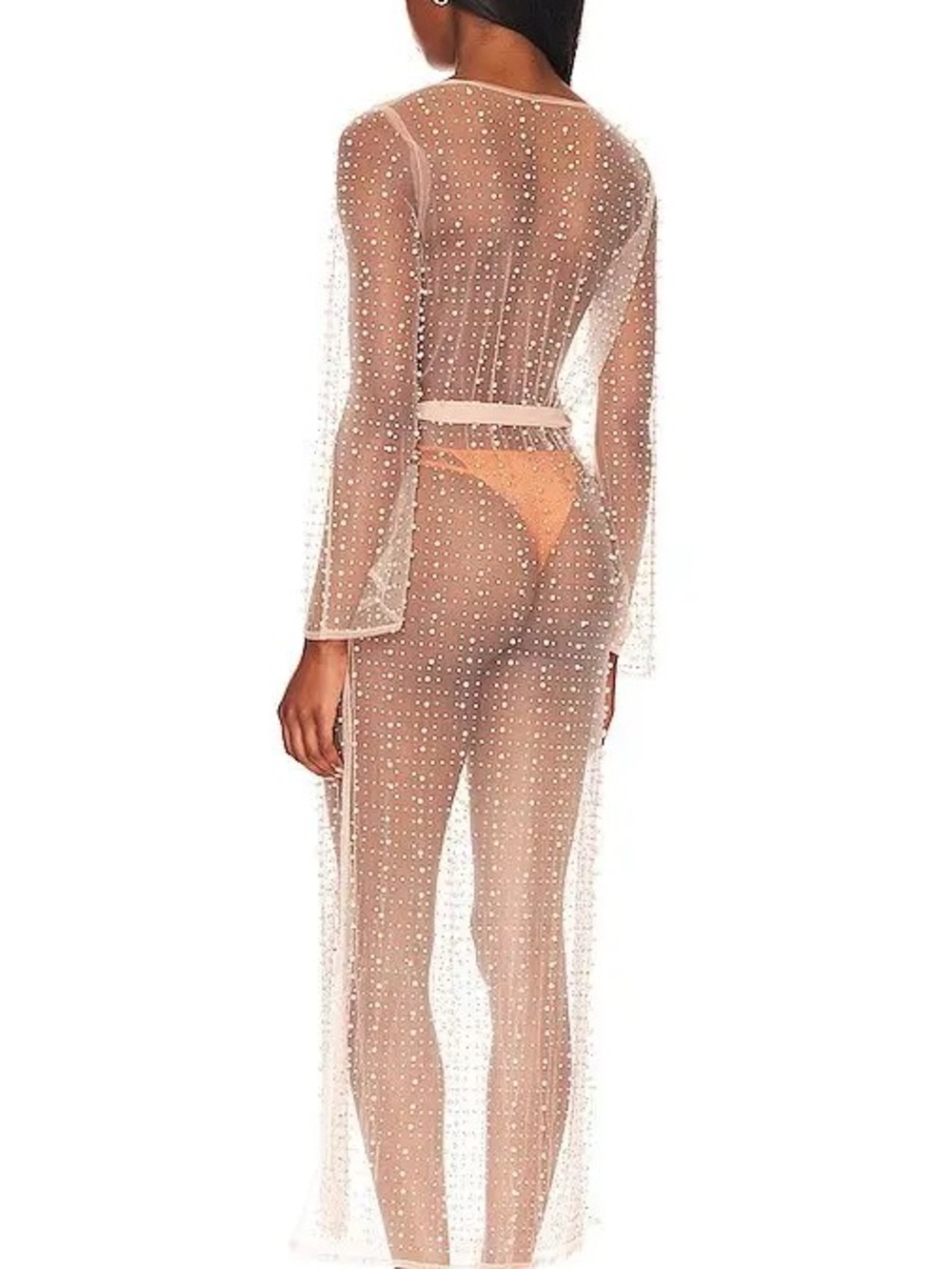 Beach Bunny Sheer Crystal & Pearl-Embellished Long Coverup in Nude/Peach - Picture 3 of 6